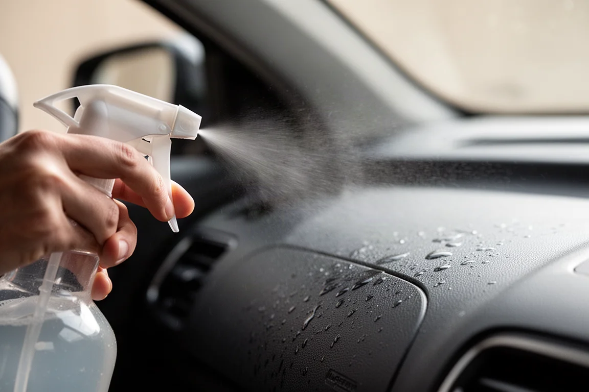 Spray bottle trigger dispensing fine mist over a car interior surface