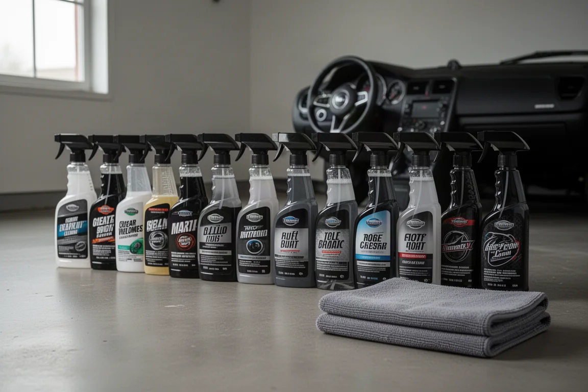 Row of car interior cleaner spray bottles on a concrete garage floor with a microfiber towel