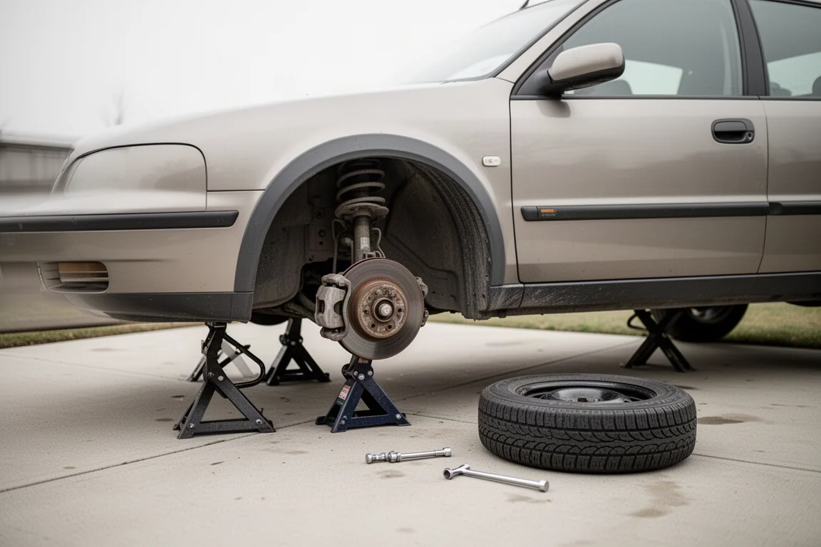 A car raised on a jack with the front wheel removed on a driveway