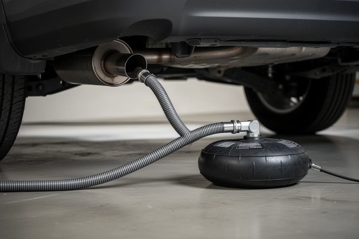 A vehicle with an exhaust hose routed under the chassis in a garage