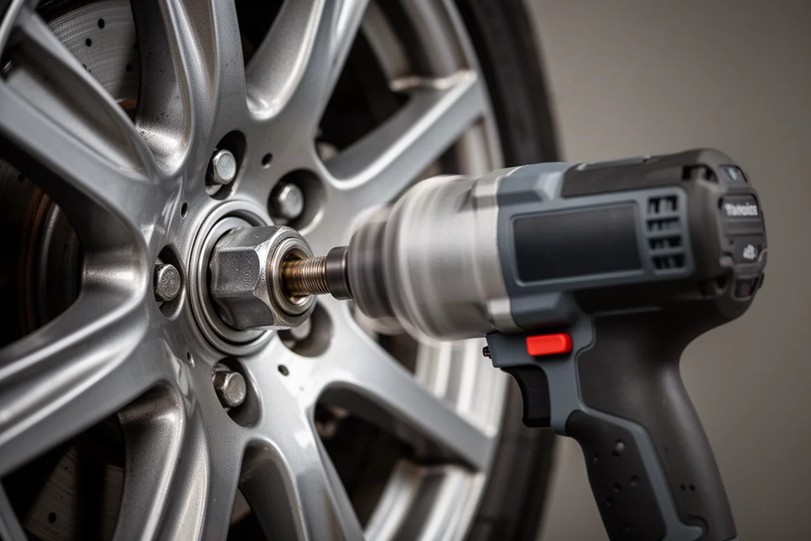 An impact wrench loosening a lug nut on a car wheel
