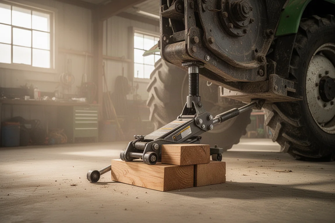 A hydraulic jack supporting heavy equipment in a workshop