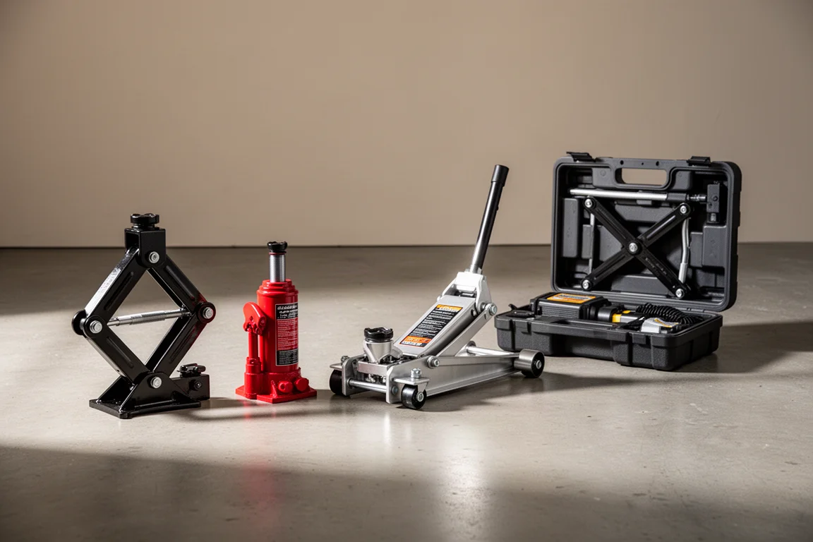 A lineup of car jacks including a scissor jack, bottle jack, floor jack, and electric jack kit on a garage floor