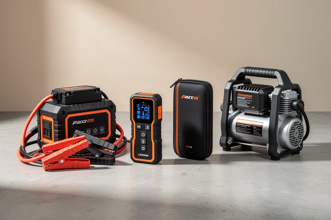 Four portable car jump starters arranged in a row on a concrete surface