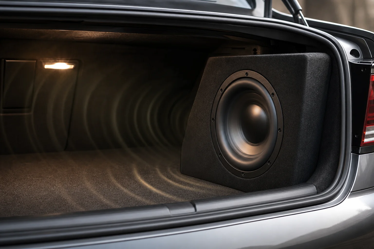 重低音の効いた音楽が流れる車のトランク内部と、その低音レスポンスの様子