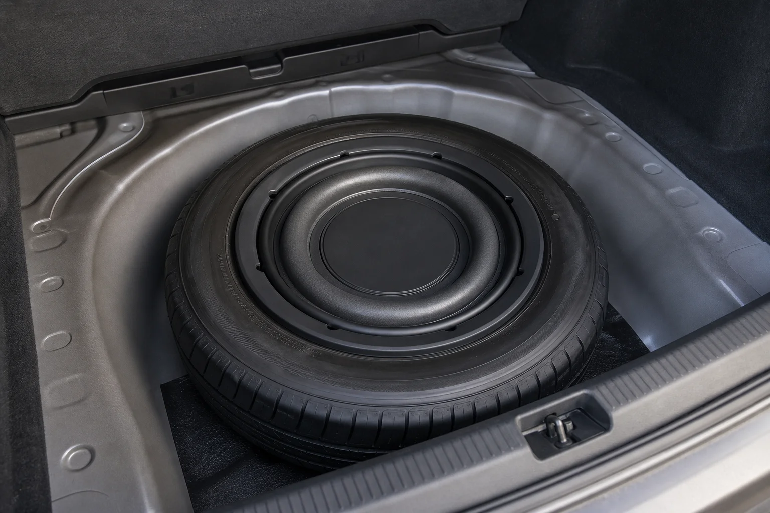 車のスペアタイヤ収納スペースに設置されたサブウーファー