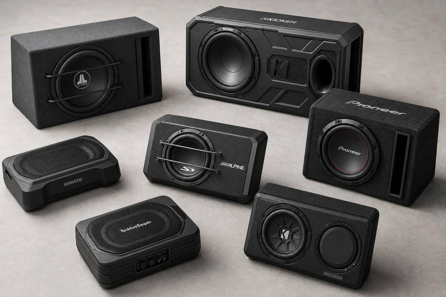 Seven car powered subwoofers of varying sizes arranged on grey surface