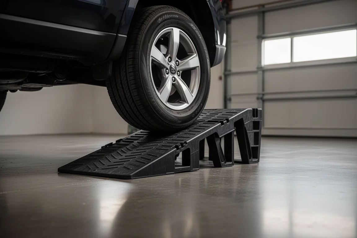 SUV climbing a plastic car ramp on smooth polished concrete