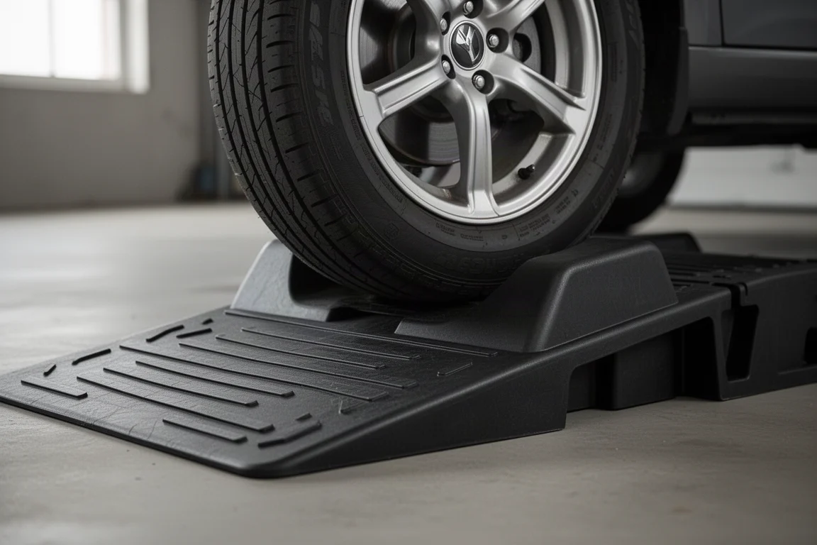 Rear tire resting against the raised hump at the top of a car ramp