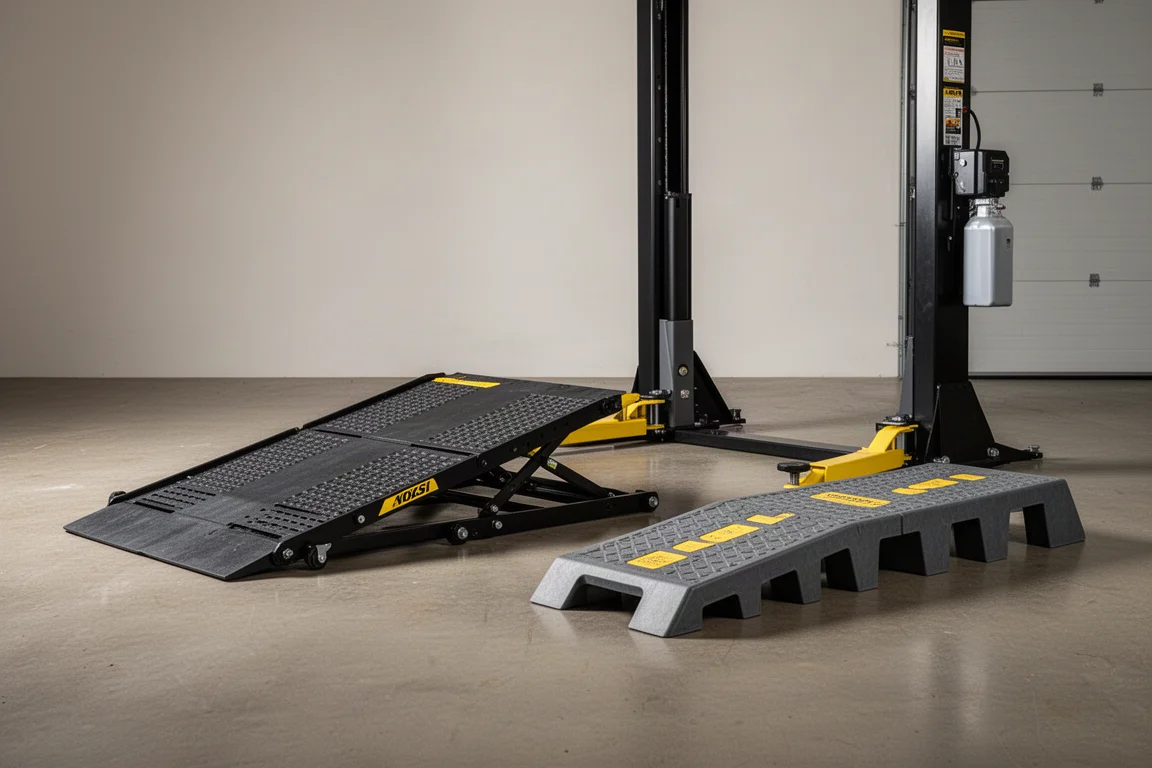 Hydraulic car ramp lifted beside a lowered conventional plastic ramp
