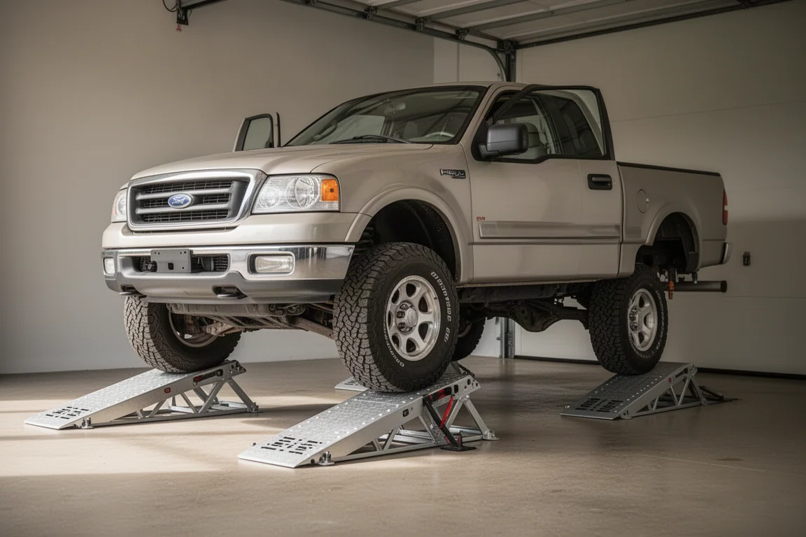 Pickup truck backed onto a pair of steel car ramps in a garage