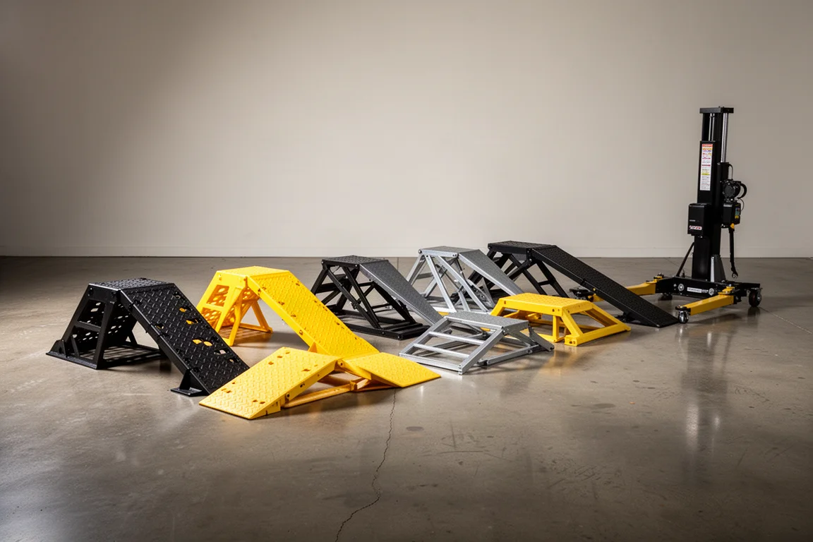 Eleven sets of car ramps arranged in a row on a polished concrete garage floor