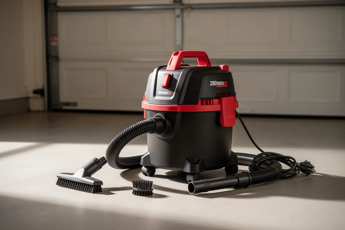 Compact corded shop vacuum with hose and attachments on a garage floor