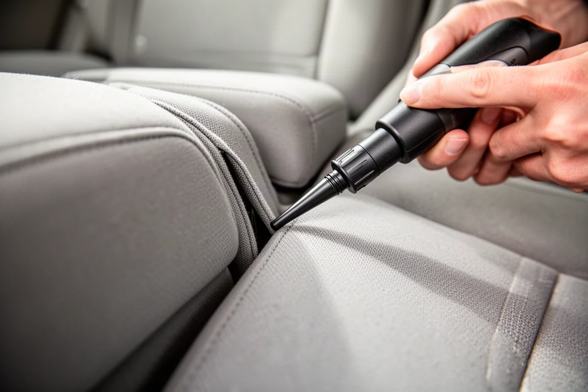 Close-up of a claw tool nozzle on a car seat crevice