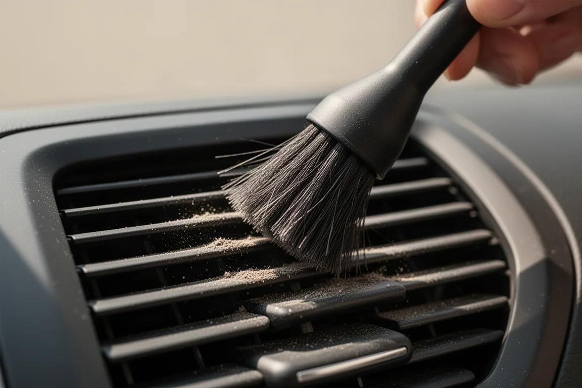 Small brush attachment loosening dust from a car air vent