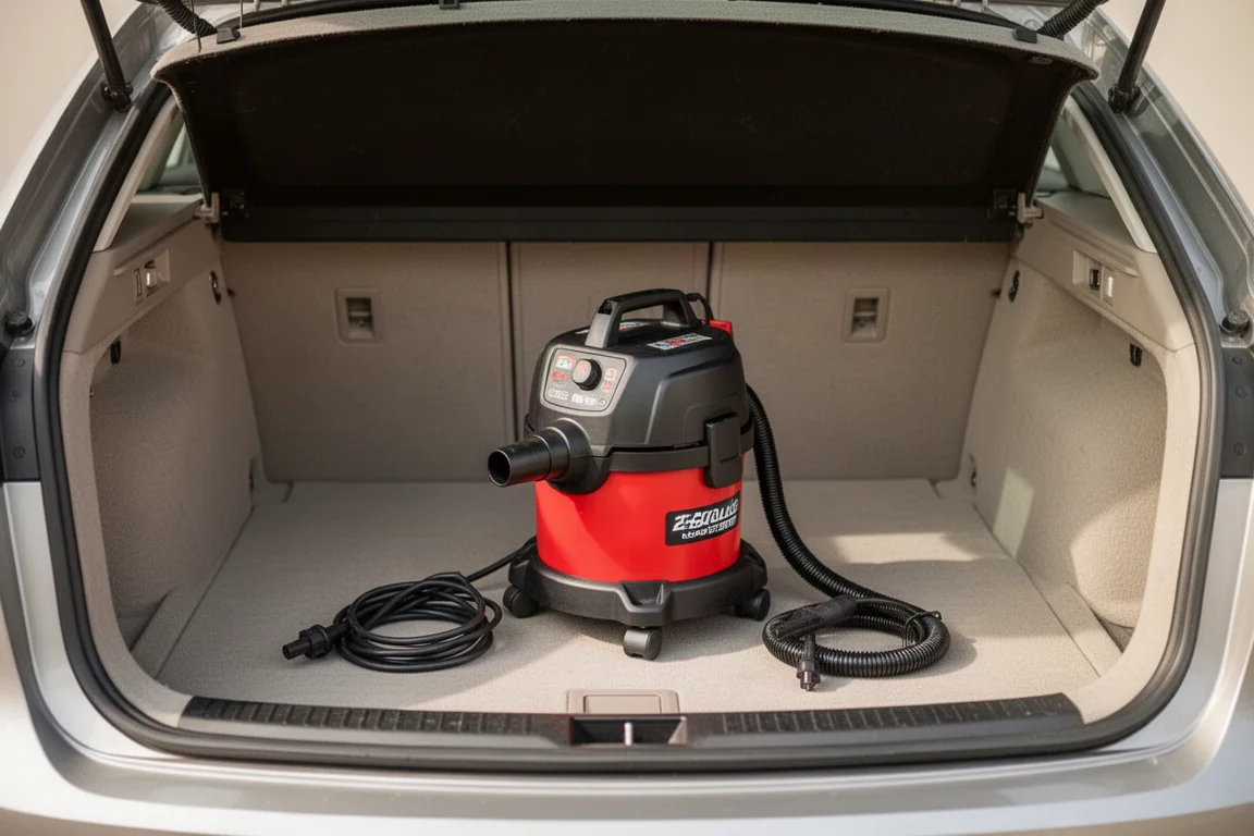 Compact shop vacuum stored in a car trunk with an extension cord