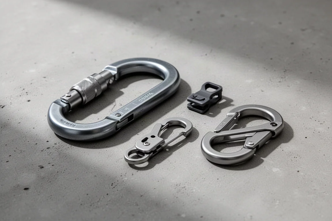 Assortiment carabiner-achtige clips in verschillende maten op een betonnen ondergrond