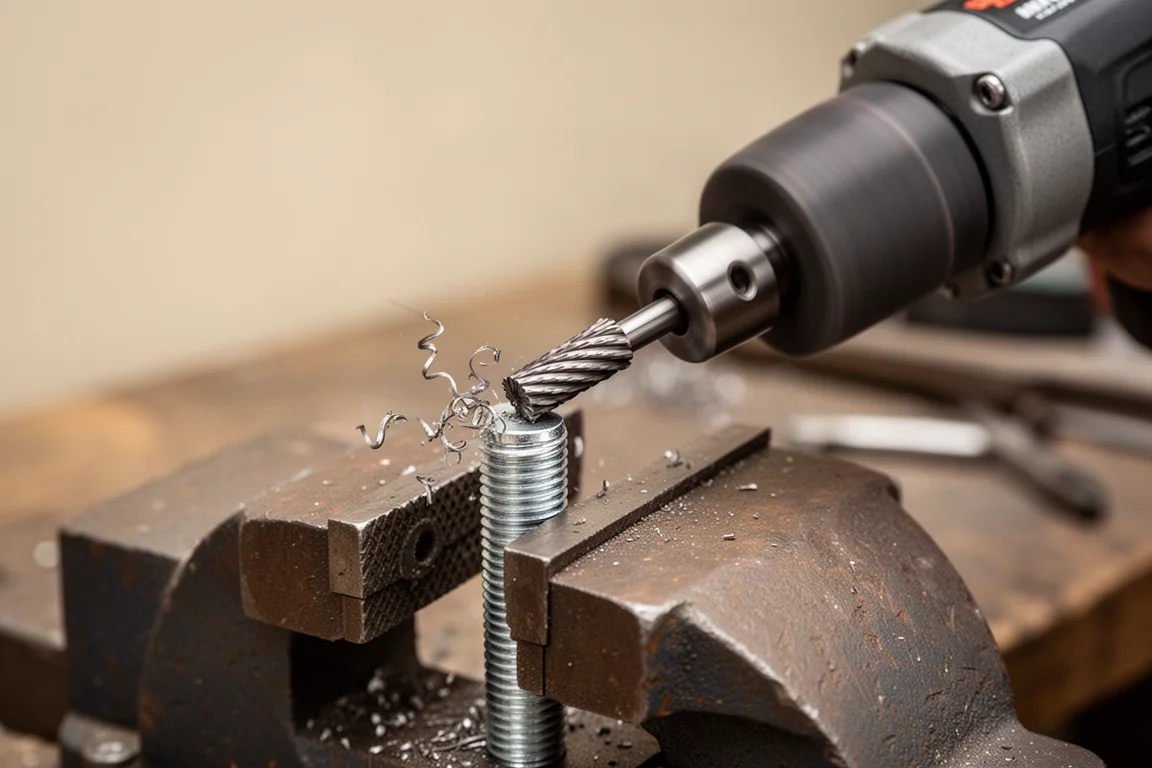 Slipelgrinder met hardmetalen boor die zich een weg door een stalen bout slijpt