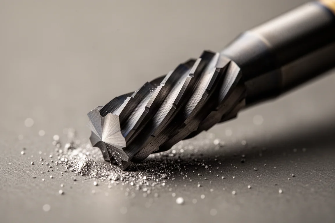 Microscoopbeeld van een machinist met scherpe snijtanden van een hardmetalen boor