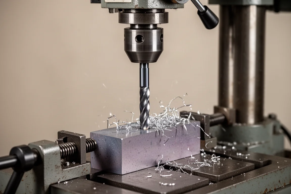 Kolomborenmachine die met een hardmetalen boor een inkeping freest in een blok zacht staal