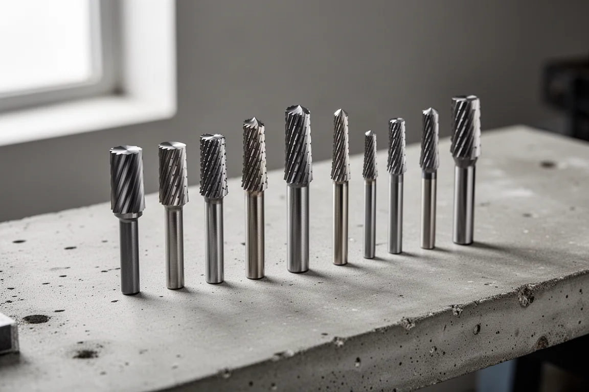 Rij van negen hardmetalen boren op een betonnen werkbank