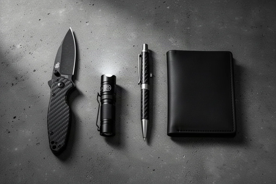 Blackout EDC flat-lay with knife, flashlight, pen, and wallet on dark surface