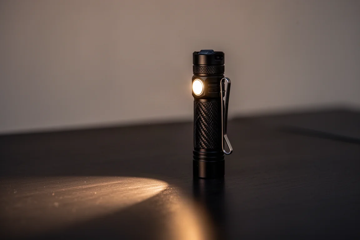 Small pocket flashlight casting a beam across a dark tabletop