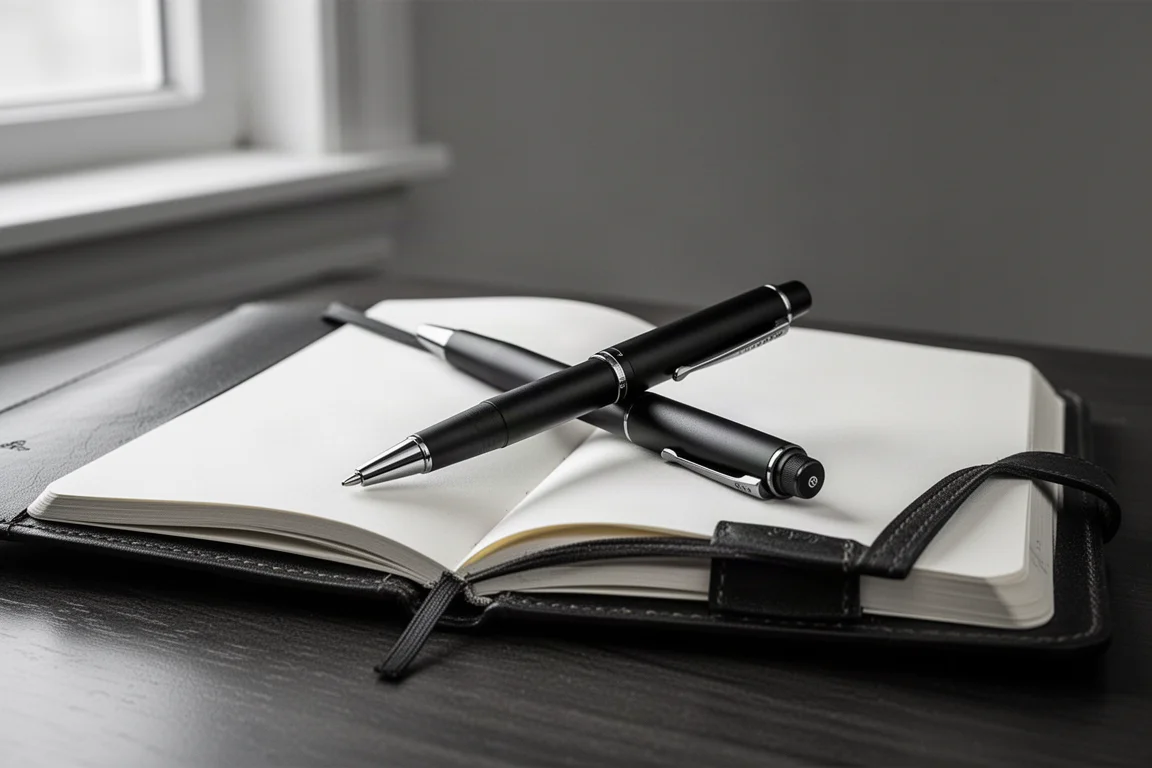 Bolt action pen resting on a leather notebook ready for writing