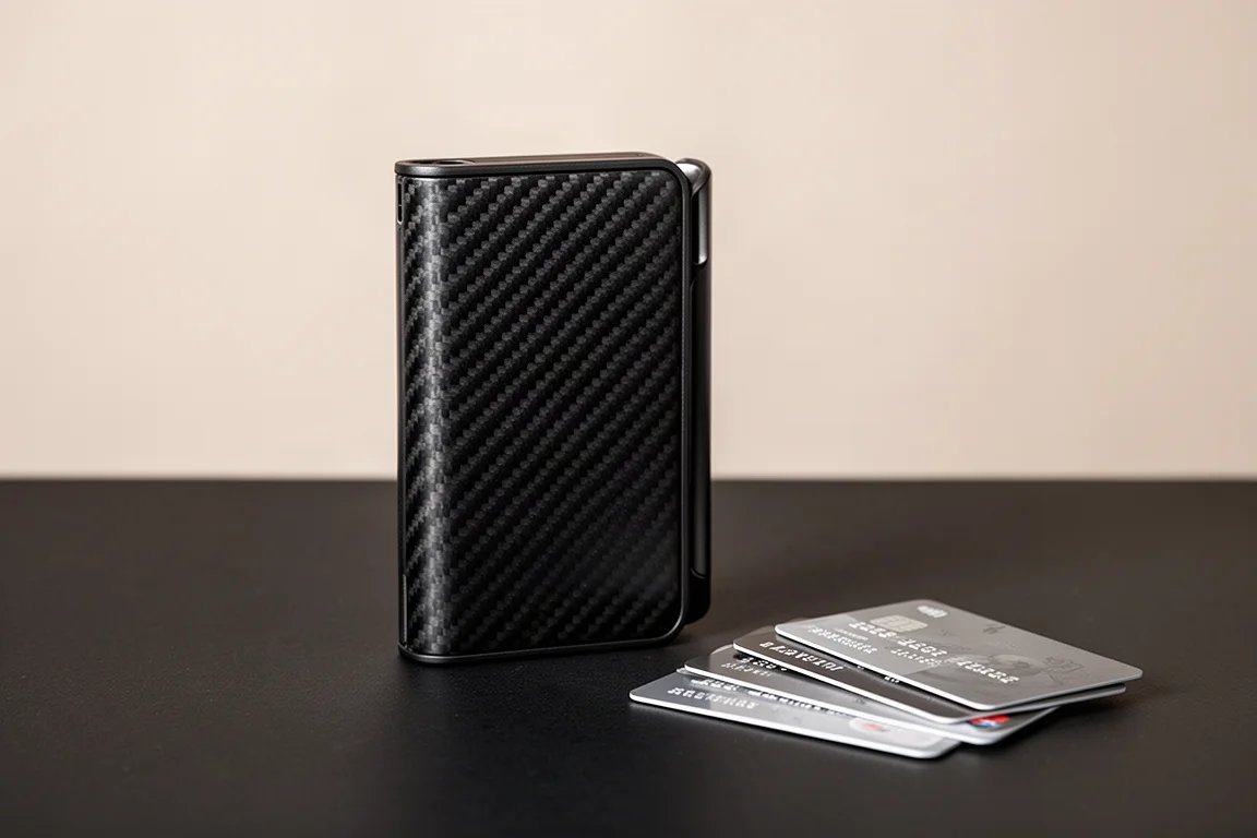 Minimalist wallet with cards being fanned out on a dark desk