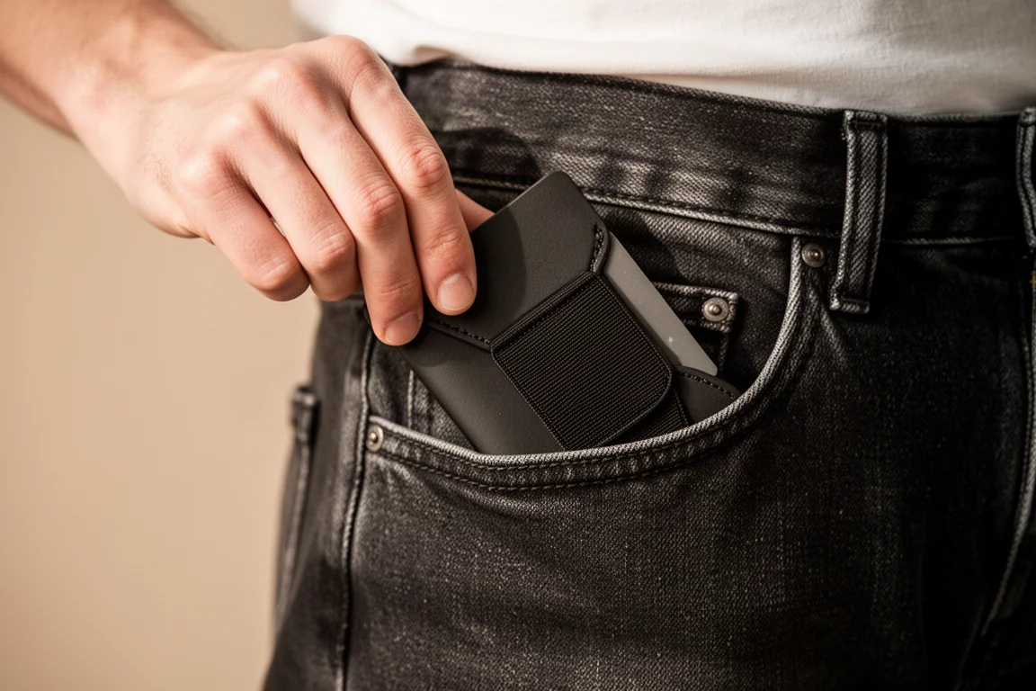 Pessoa retirando uma carteira fina do bolso de uma calça jeans escura