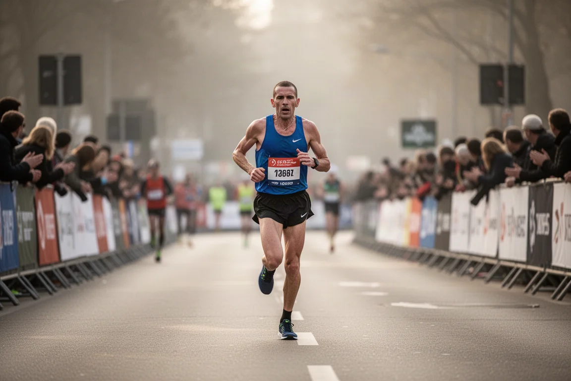 Coureur vérifiant son allure sur un parcours de marathon dans les derniers kilomètres