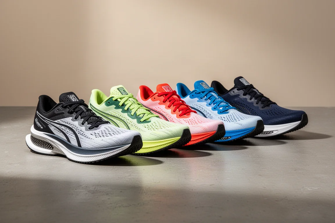 Five carbon-plated marathon racing shoes arranged in a row on concrete