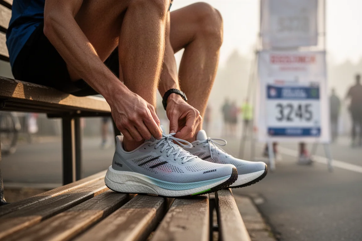 Corredor atándose las zapatillas de competición con placa de carbono antes de una carrera