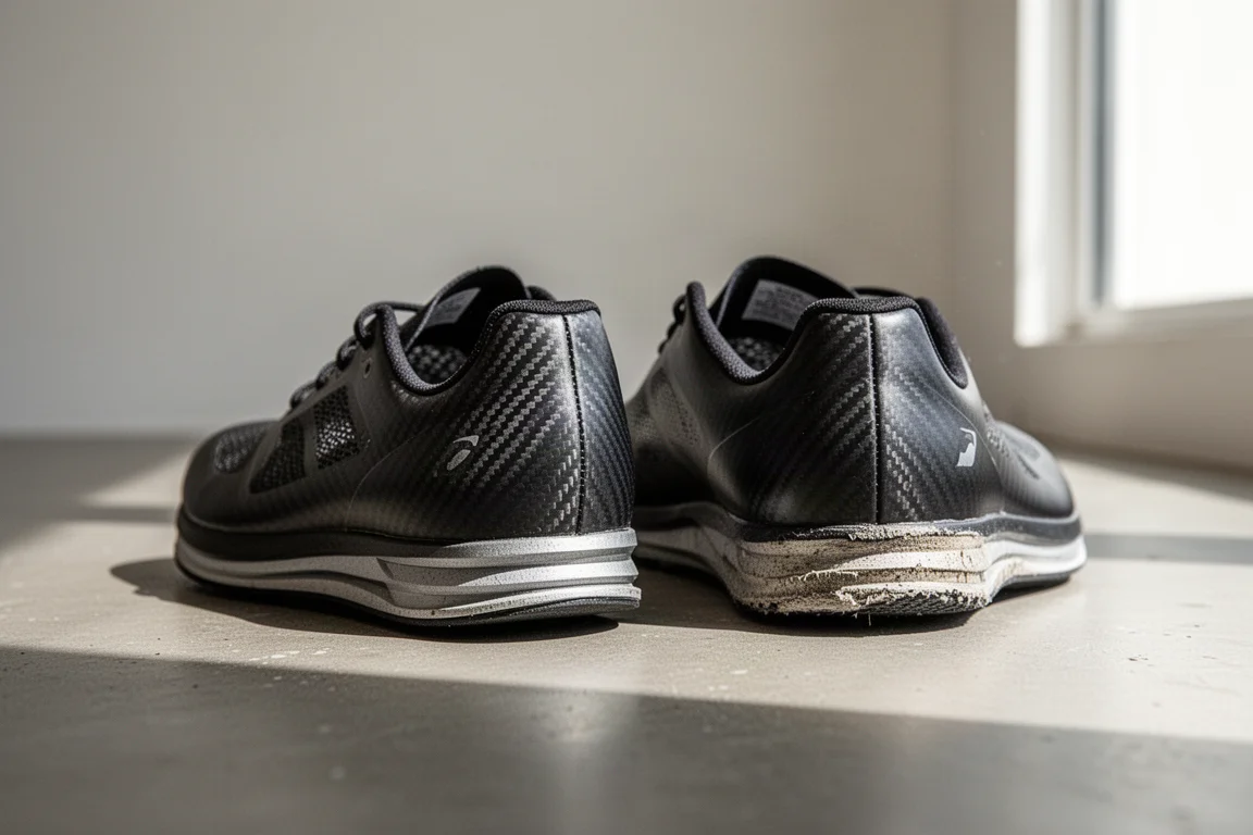 Dwa buty startowe obok siebie pokazujące różnice w zużyciu podeszwy środkowej