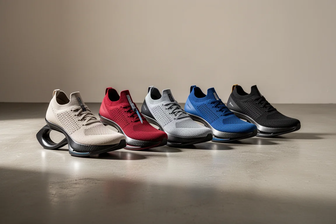 Lineup of carbon plate racing shoes on a concrete studio floor