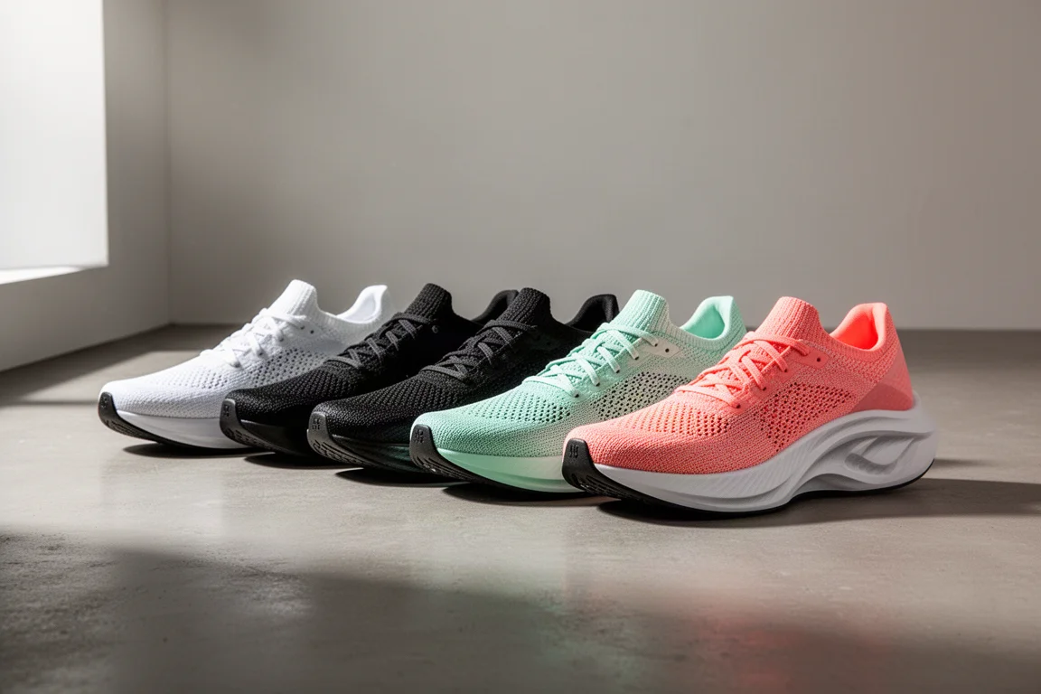 Nine carbon plate racing shoes arranged in a row on a grey studio floor