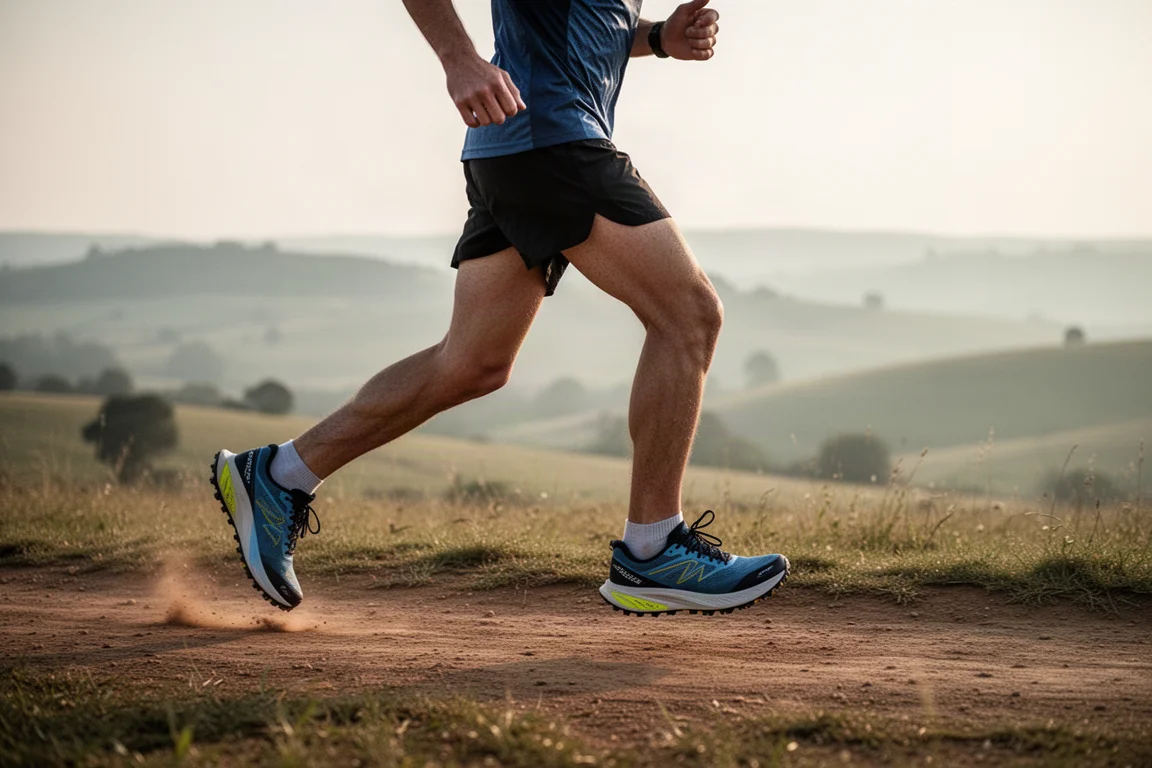 Trailrunner am frühen Morgen auf einem festen Erdpfad unterwegs