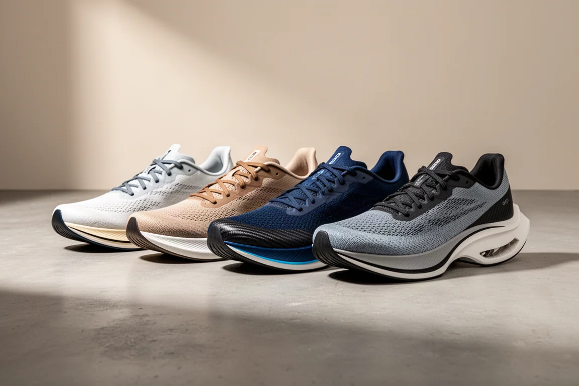 A lineup of carbon plate running shoes on a concrete surface