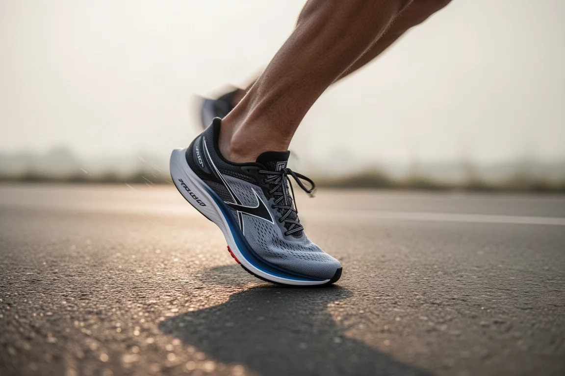 Runner's midfoot striking the road in a lightweight racing shoe at pace