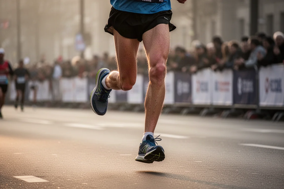 Marathon runner going through an aid station zone on a city course