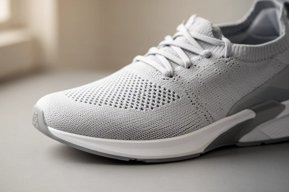 Knit upper of a racing shoe with morning light showing texture