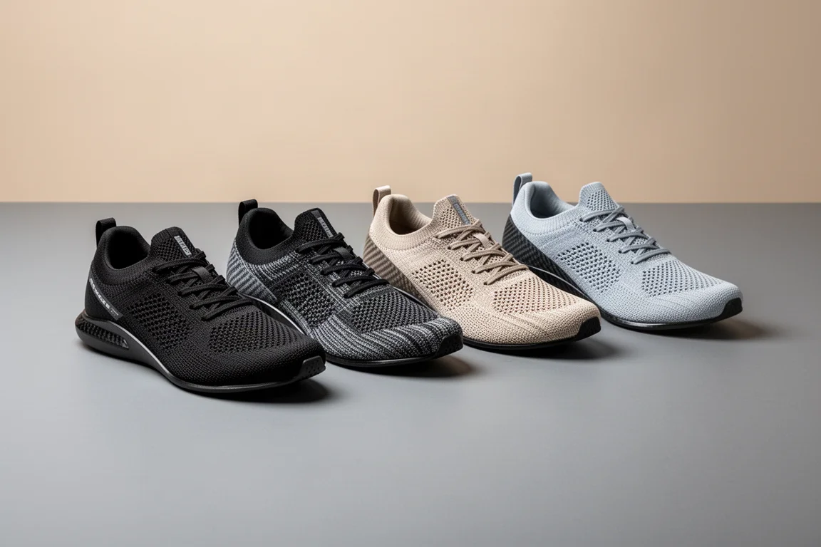 Five carbon plate racing shoes arranged in a row on a grey studio surface