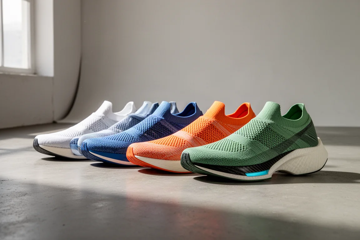Reihe von Carbon-Rennschuhen mit hohen Dämpfungssohlen auf einem Betonstudio-Boden