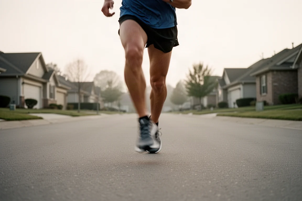 Runner mid-stride on a flat road in soft morning light wearing race shoes