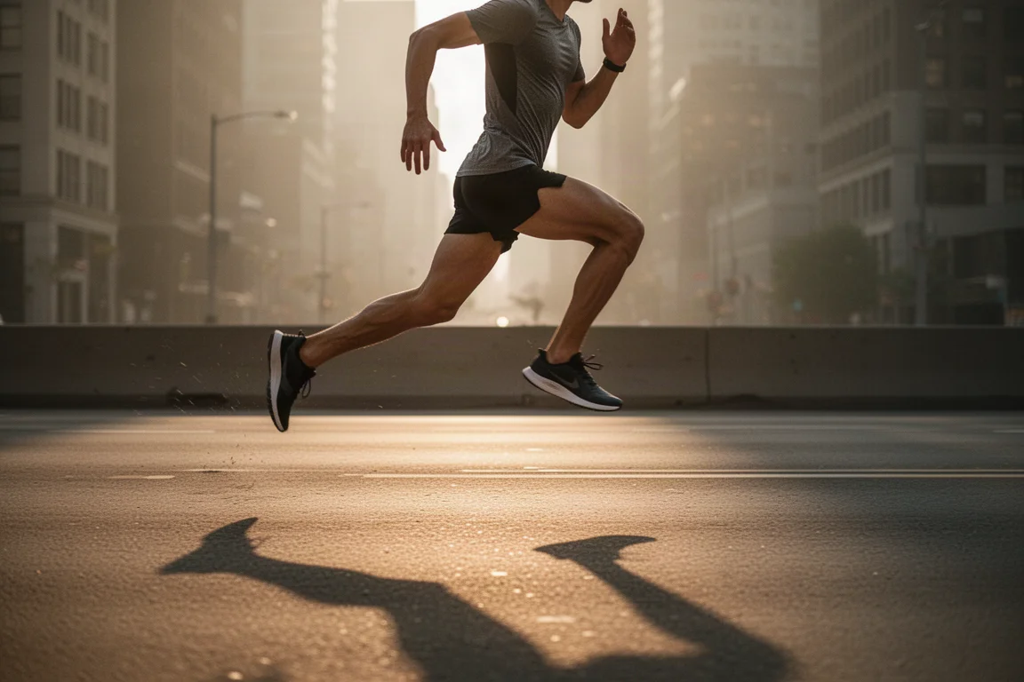 Runner picking up tempo on a city road at golden hour