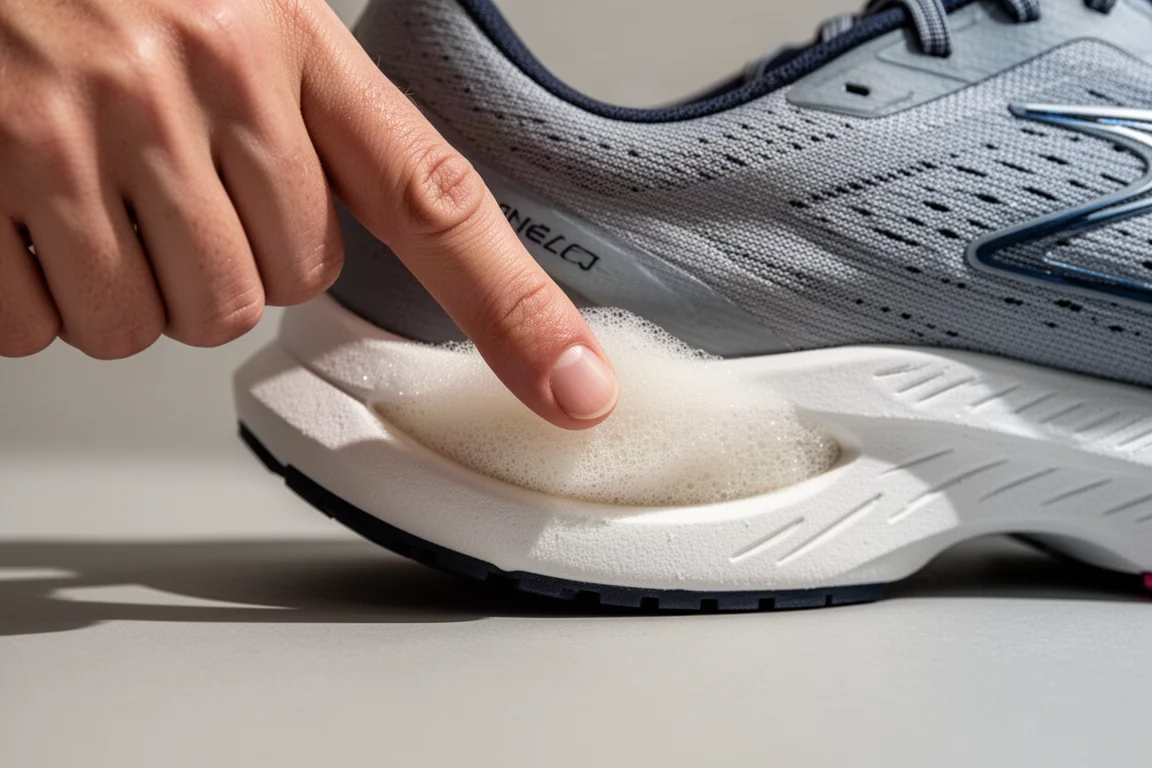 Close-up of thick race shoe midsole foam compressed under hand pressure