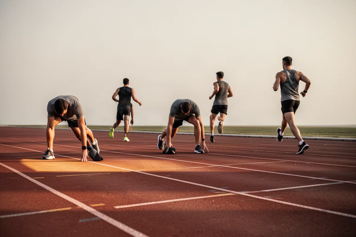 Runners stretching on a track in late afternoon light