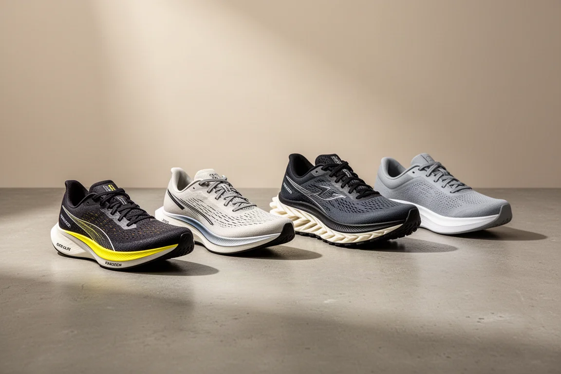 Four road running shoes arranged in a row on a concrete surface
