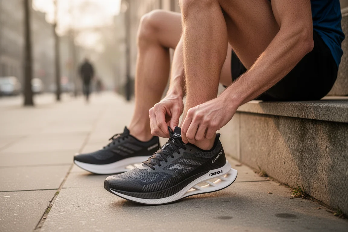 Corredor atándose las cordones de una zapatilla ligera de competición con placa de carbono en una acera antes de un entrenamiento matutino