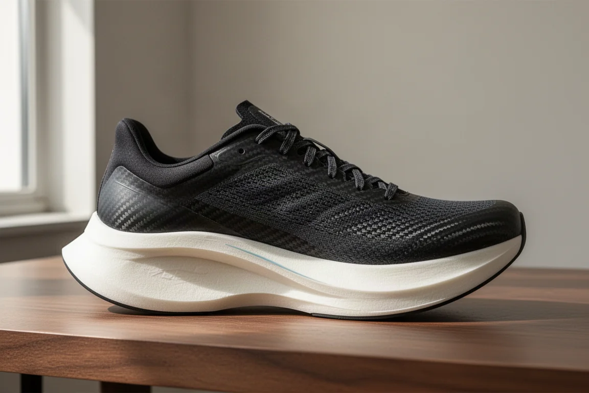 Primer plano de la mediasuela ancha y estable y la geometría rocker de una superzapatilla moderna